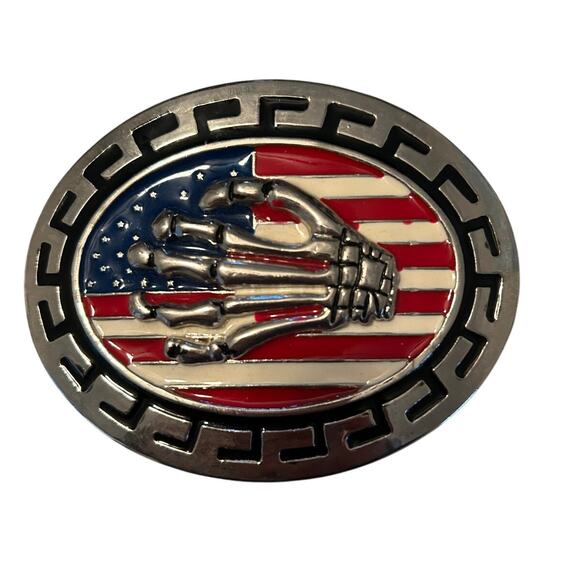 GUC Large Silver Belt Buckle American Flag Skeleton Hand Oval 4" Patriotic - Picture 1 of 3